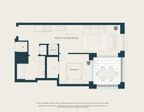 Floor plan for 1 bed, 1 bath, 544 sqft